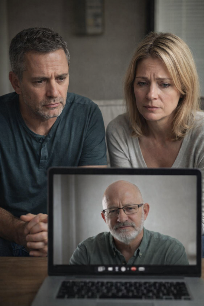 Me dá uma imagem realista de um homem e uma mulher 40+ que são um casal mas estão querendo se divorciar mas se deram a mais uma oportunidade que foi fazerem uma sessão online comigo enquanto mentor de relacionamento. Enviarei uma foto minha como referencia do mentor A imagem precisa ter 1350 de altura e 1080 de largura